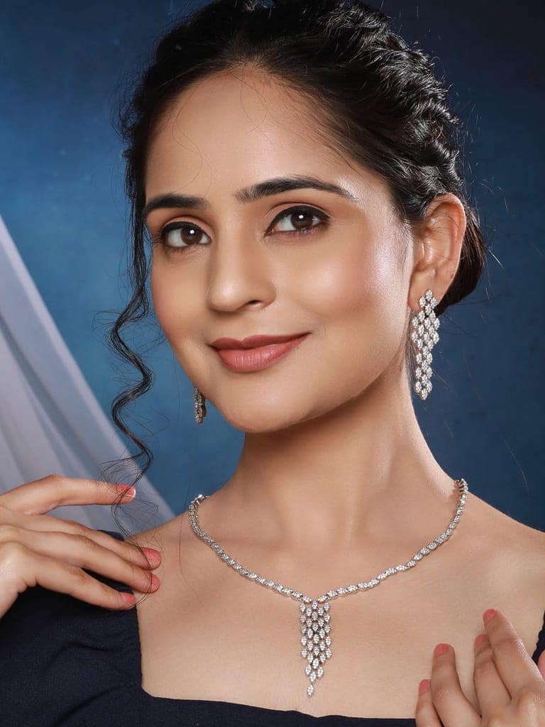Silver Toned Ad Studded Quirky Drop Designer Wedding Partywear Jewellery Set view 2