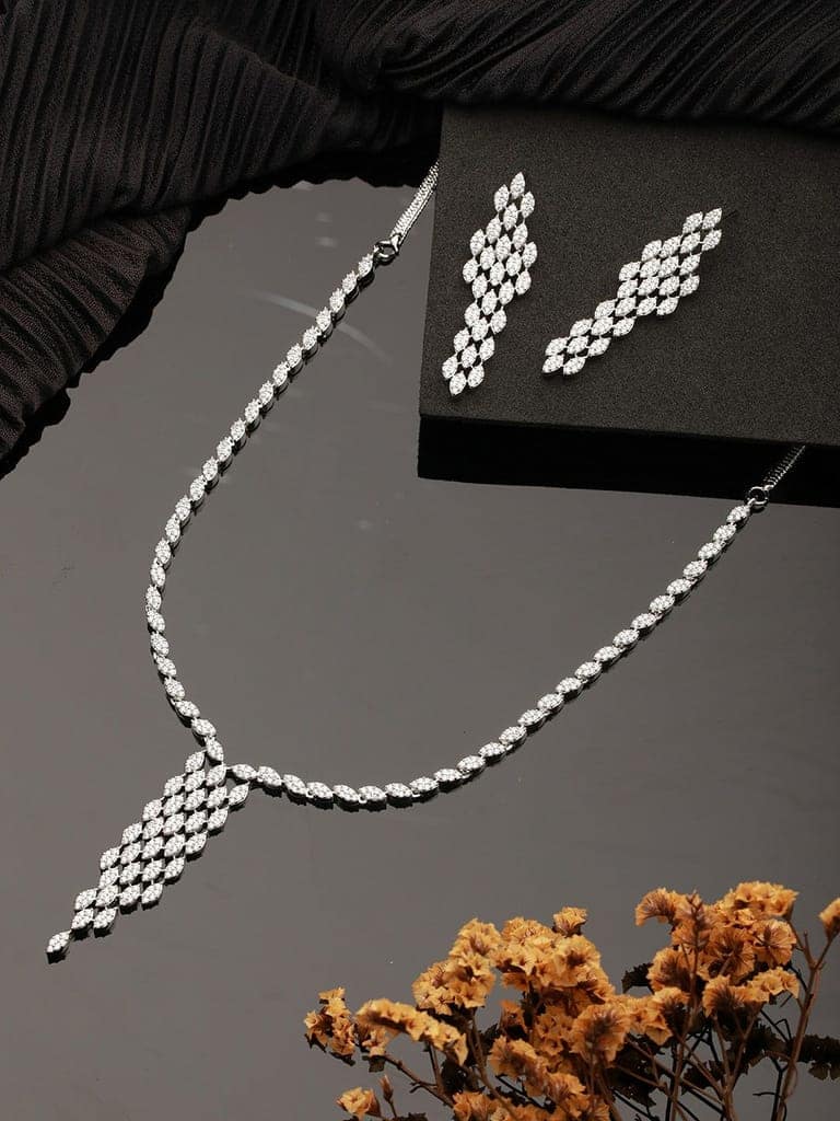 Silver Toned Ad Studded Quirky Drop Designer Wedding Partywear Jewellery Set view 3