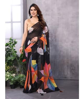 BLEESBURY Georgette Printed Saree With Unstitched Blouse Piece ( Black )