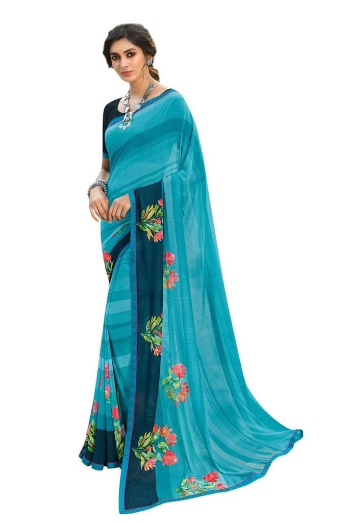 HHK Fashion Women's Printed Georgette 5.5 Meter Saree with Unstitched Blouse Piece