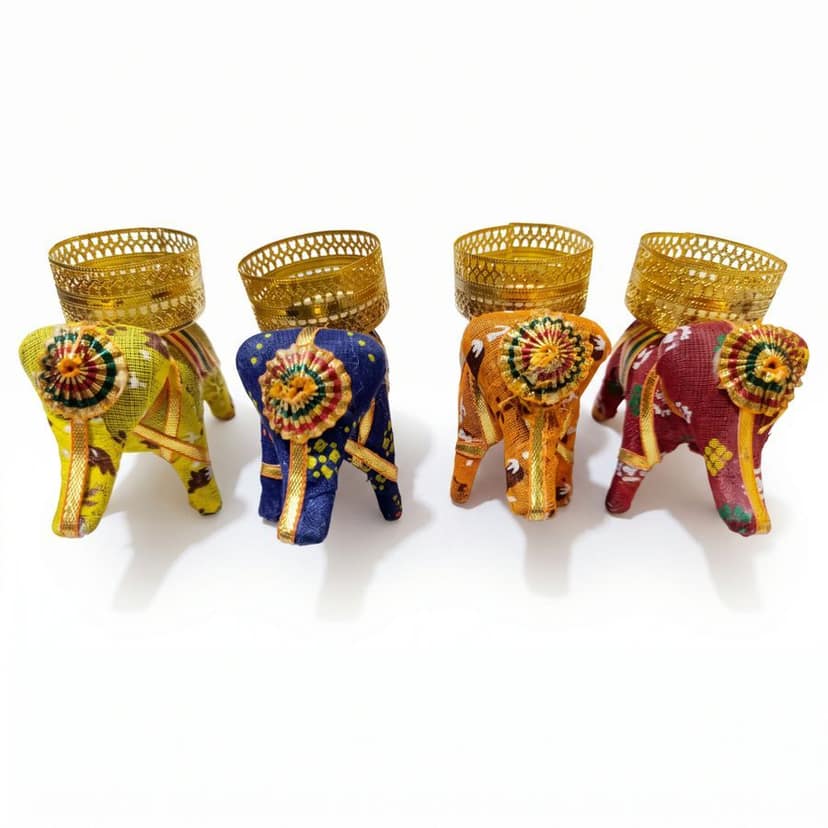 Handcrafted Fabric Elephant Tea Light Candle Holder - Set of 4