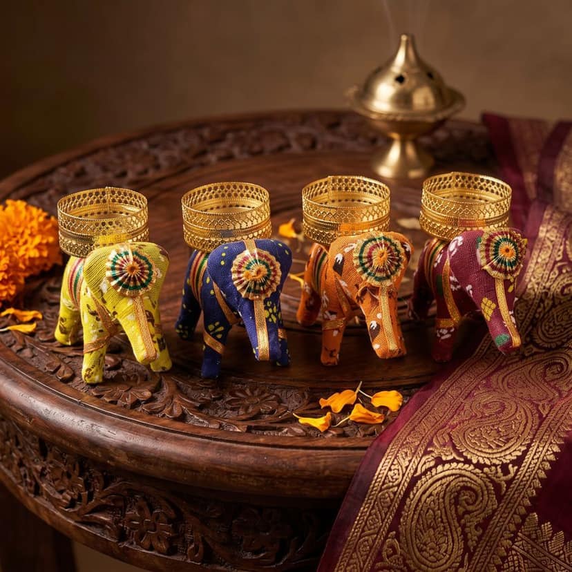 Handcrafted Fabric Elephant Tea Light Candle Holder - Set of 4 view 4