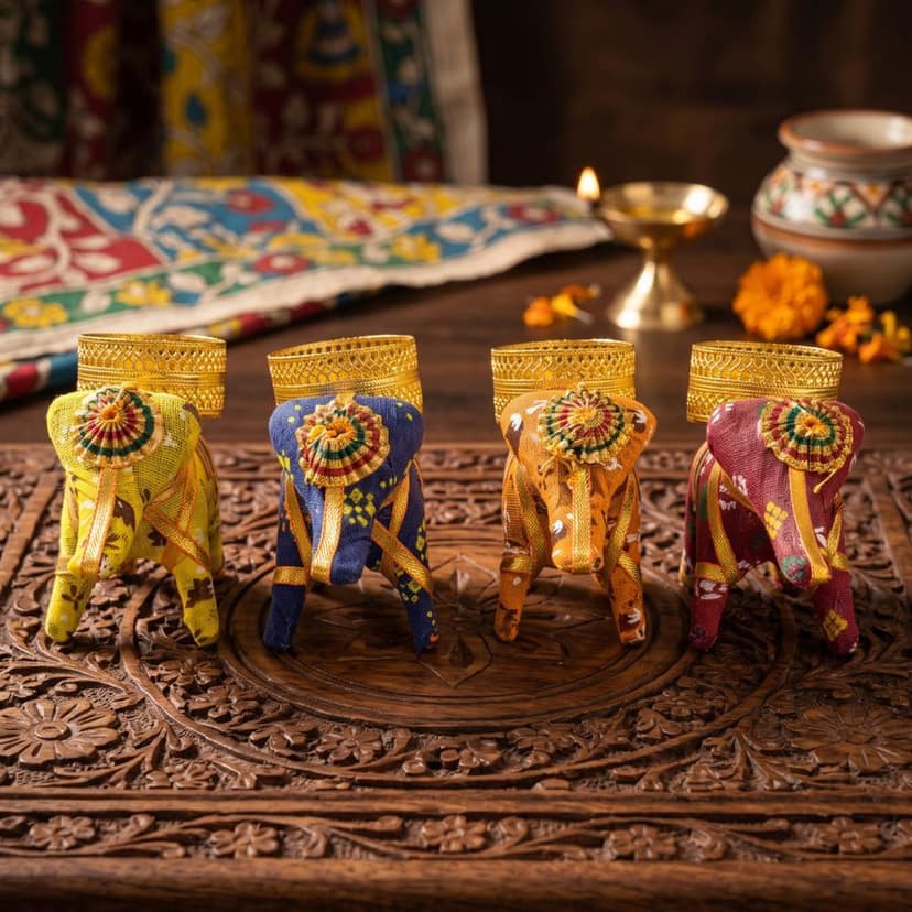 Handcrafted Fabric Elephant Tea Light Candle Holder - Set of 4 view 6