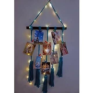 Khush Its Amazing Home Decor Wall Hanging Hand Made Black Stick With Macrame Blue 5 Line Rope And LED Light Photo Display , DIY Picture Photo Frame Collage Set Includes Multi colour Clips view 2