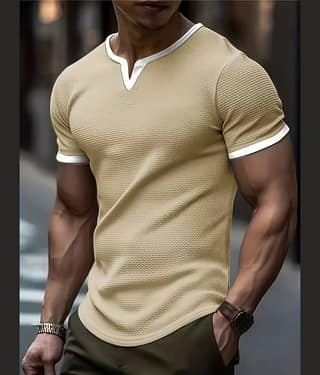 RodZen Men Cotton Blend Regular Fit Solid T-Shirt ( Khaki )