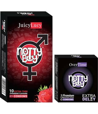 NottyBoy Strawberry Flavoured and Over Time Long Lasting Condoms - Set of 2, 13 Pieces
