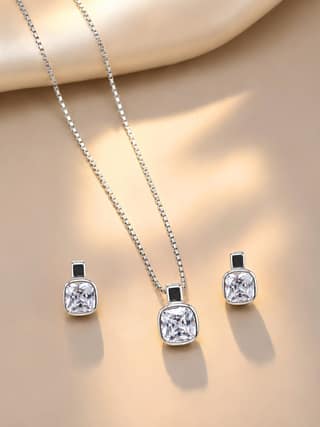AXORA LIFE 925 Sterling Silver Square Cubic Zirconia Necklace & Earring Set