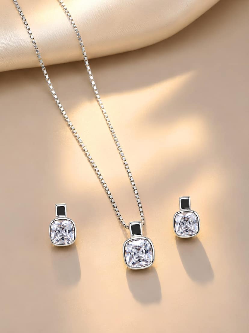 AXORA LIFE 925 Sterling Silver Square Cubic Zirconia Necklace & Earring Set