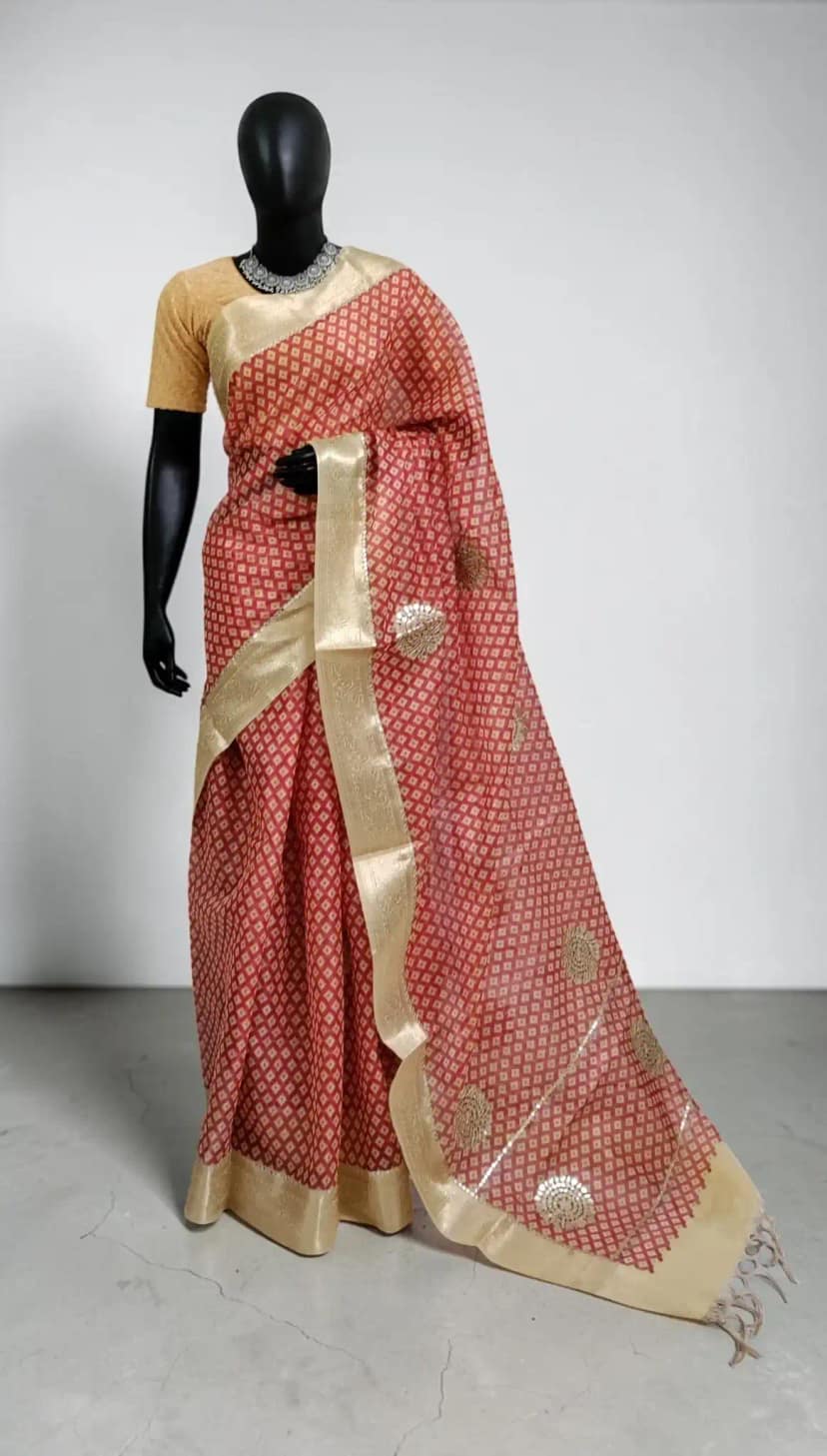 Kota Doria Handloom Saree in Brick Red with Zari Border and Blouse