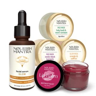 Nourish Mantra Combo Pack of 3/ Beetroot Blast Lip Balm (12g) / Glow Serum (30ml)/ Mask Mini Trio (12g each)/ For Healthy Skin and Lips/ For All Skin Types