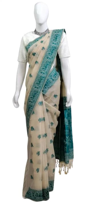 Saura Art Cotton Saree Beige Teal Village Scene Pallu