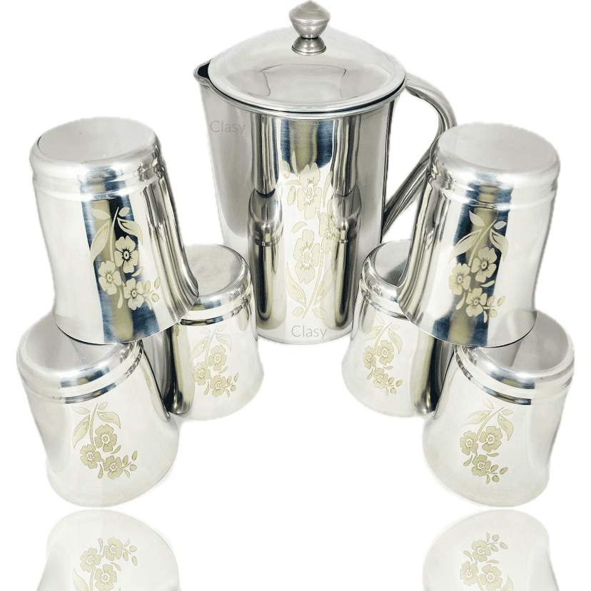 100% Stainless Steel Laser Printed 2 Ltr Jug with 6 Pcs of Glass view 2