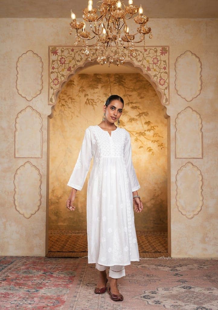 Chanderi Chikankari Solid Women's Long Kurta - White