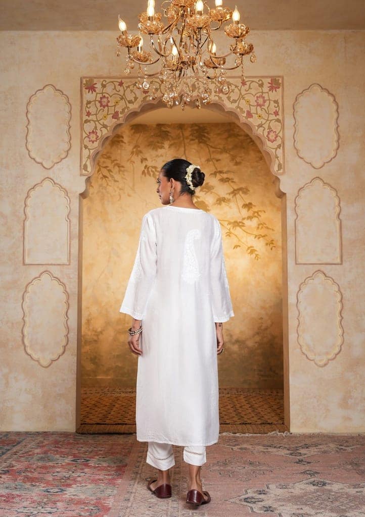 Chanderi Chikankari Solid Women's Long Kurta - White view 6
