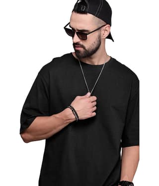 Leotude Cotton Blend Oversized Fit Solid Half Sleeves Men's Round T-Shirt - Black ( Pack of 1 )