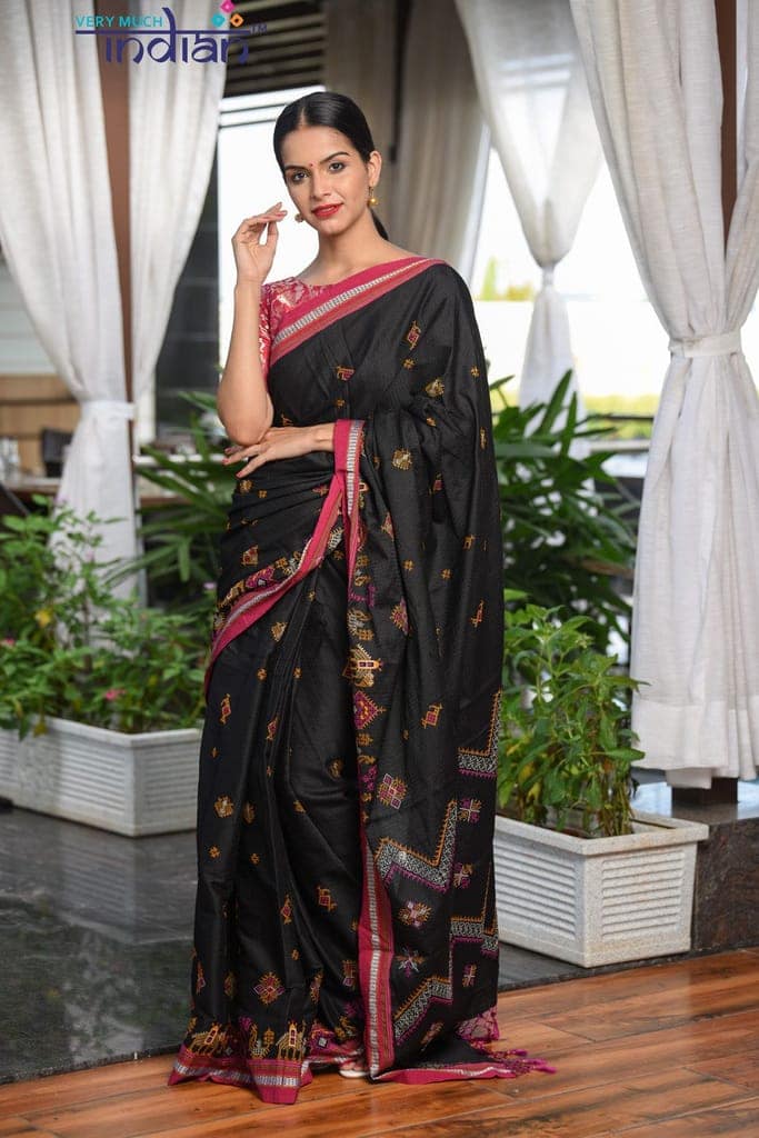 Traditional Khun Kashida work- Cotton Resham - Black Weave with Purple Border view 2