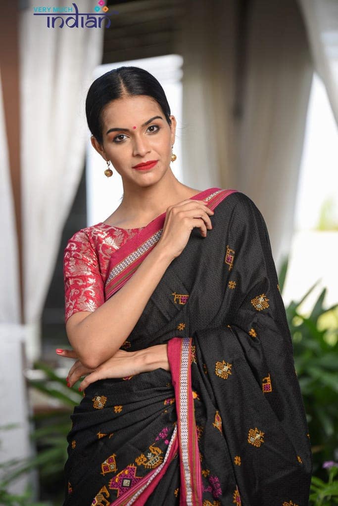 Traditional Khun Kashida work- Cotton Resham - Black Weave with Purple Border view 4