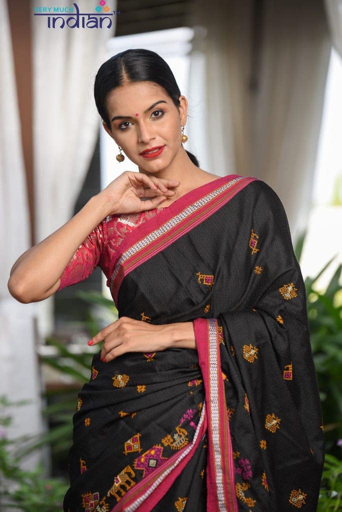 Traditional Khun Kashida work- Cotton Resham - Black Weave with Purple Border view 5