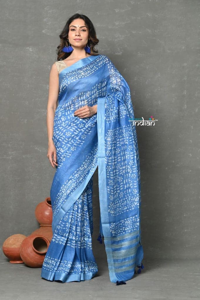 Tyohaar ~ Designed By VMI~ Handloom Pure Organic Natural Linen Silk Saree with All Over Batik Print ~ Powder Blue view 2