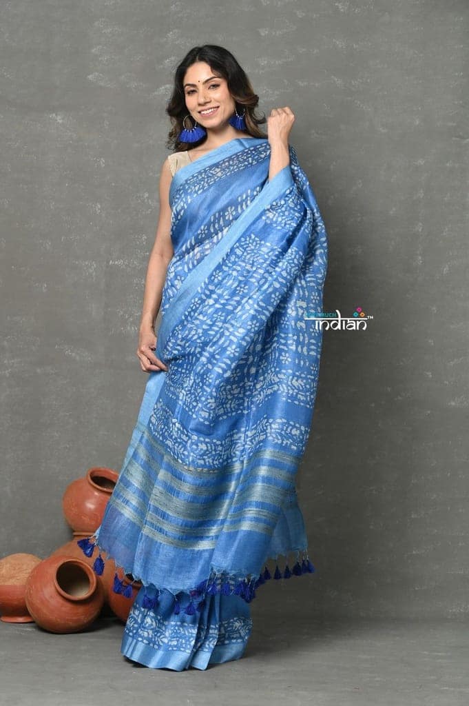 Tyohaar ~ Designed By VMI~ Handloom Pure Organic Natural Linen Silk Saree with All Over Batik Print ~ Powder Blue view 3