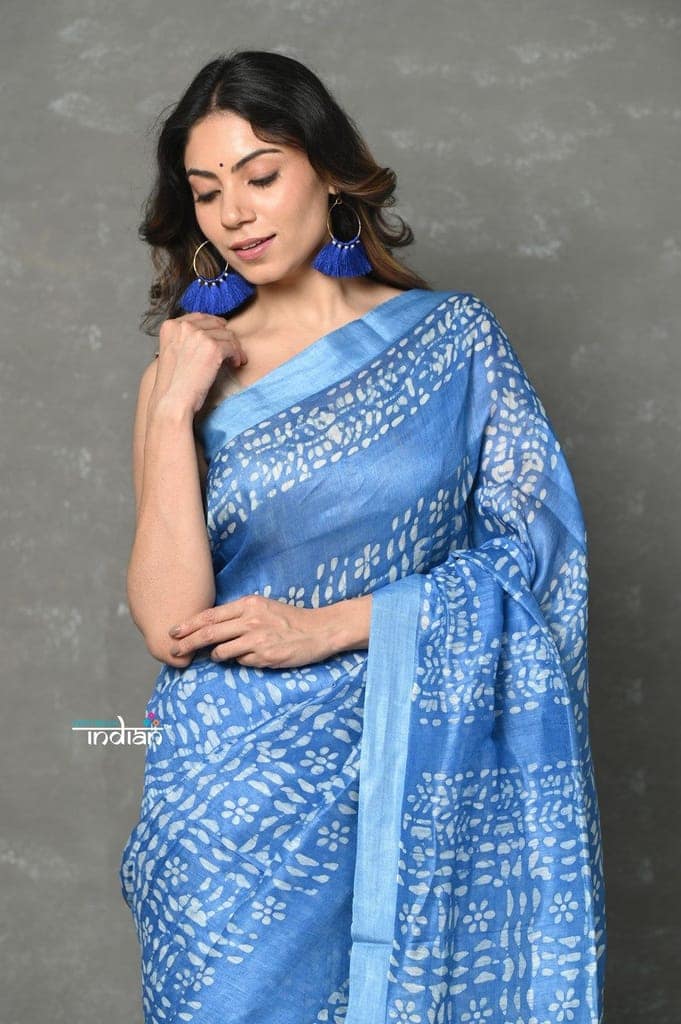 Tyohaar ~ Designed By VMI~ Handloom Pure Organic Natural Linen Silk Saree with All Over Batik Print ~ Powder Blue view 5