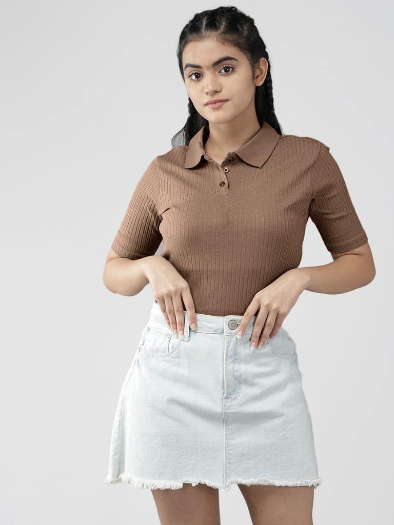 Women Beige Cropped Polo T shirts view 4