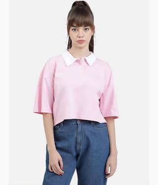 Bene Kleed Women Cotton Solid Oversized Fit Polo Collar T-Shirt ( Pink )