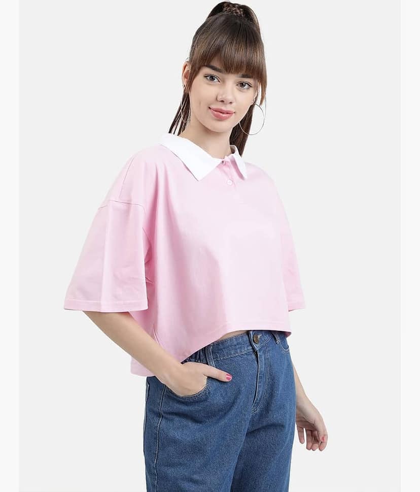 Bene Kleed Women Cotton Solid Oversized Fit Polo Collar T-Shirt ( Pink ) view 4
