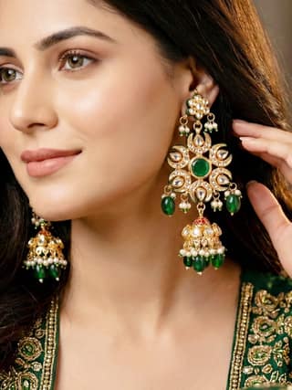 LUCKY JEWELLERY Kundan Earrings 18K Gold-Plated with Green for Girls & Women (1320-J5EK-2301-G)