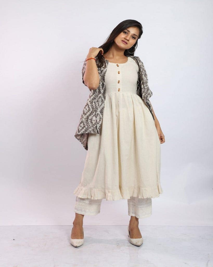 Off White Morning Glory Dress with Batik Printed Cotton Overlay view 5