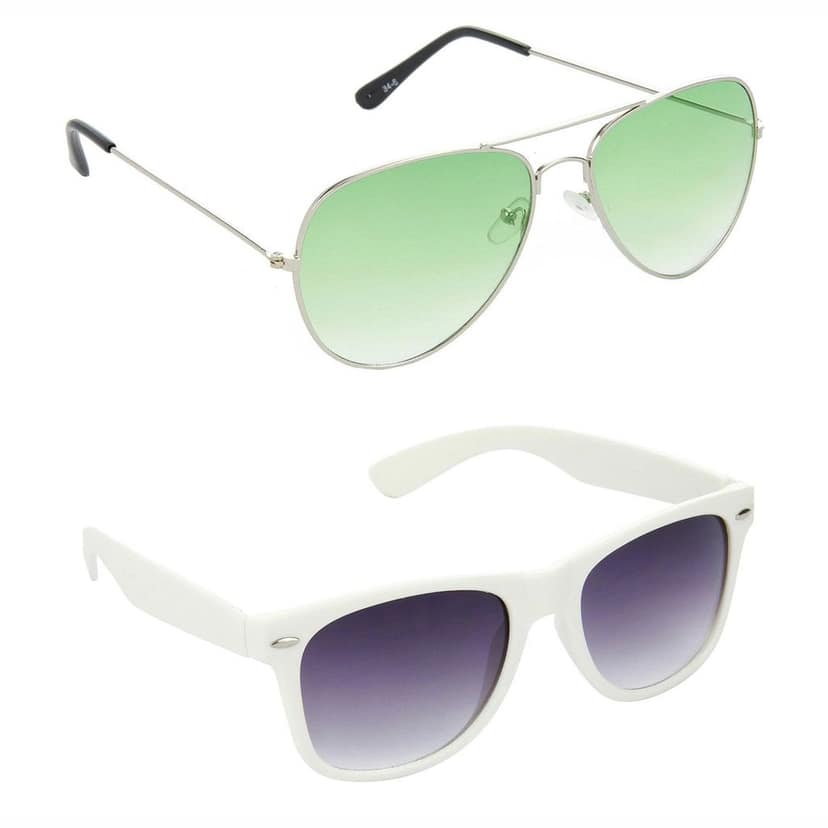 HRINKAR Men Women Boys & Girls Pilot & Rectangular Sunglasses Silver & White Frame, Green & Grey Lens (Medium) Pack of - 2