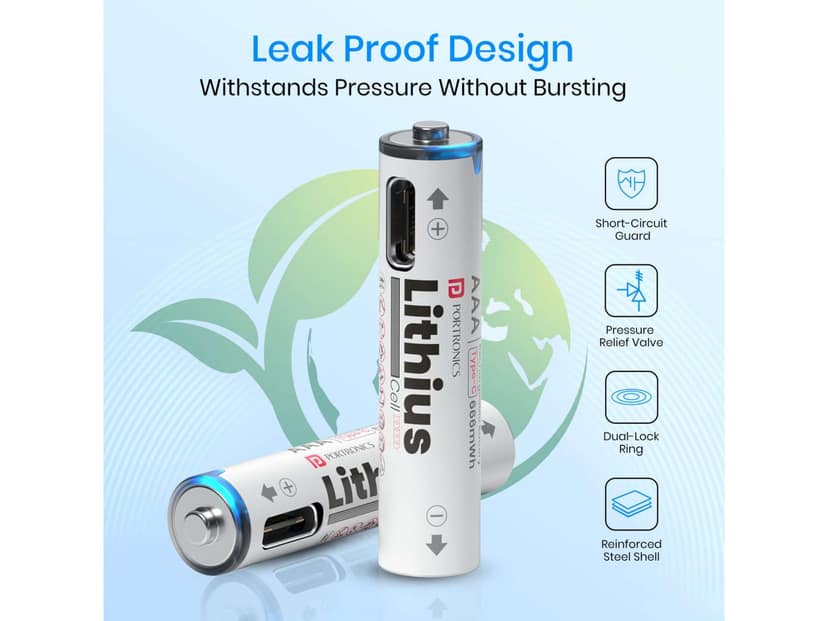 Portronics Lithius Cell - AAA USB-C Rechargeable Lithium-ion Battery, Pack of 2, Type C Charging Port, AAA Size,, Leak Proof Design, LED Indicator view 3