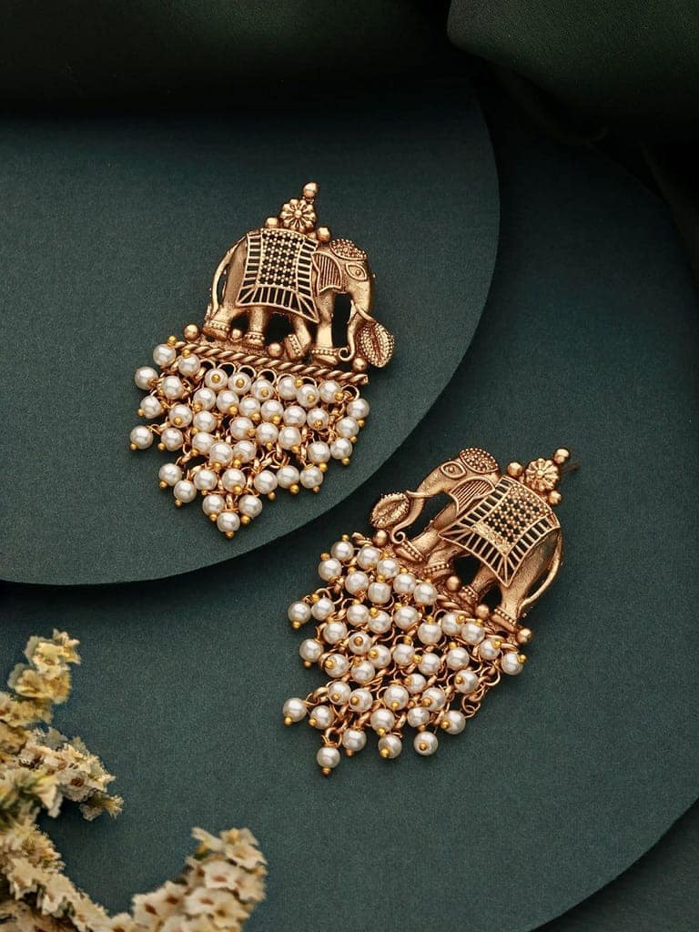 Gold Plated Pearl Beaded Temple Eleplant Motif Designer Earrings view 2