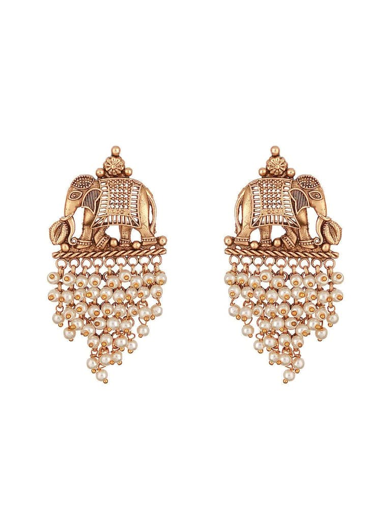 Gold Plated Pearl Beaded Temple Eleplant Motif Designer Earrings view 4
