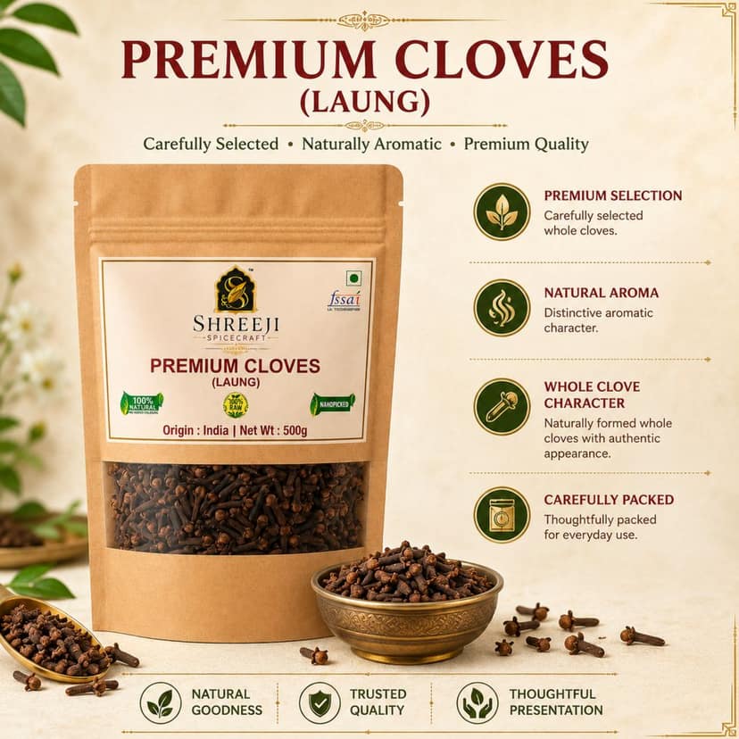 Shreeji Spicecraft Whole Cloves Laung Raw Aromatic Whole Spices Sabut Long for Cooking Indian Masala Chai Biryani Kadha Spice Pouch view 3