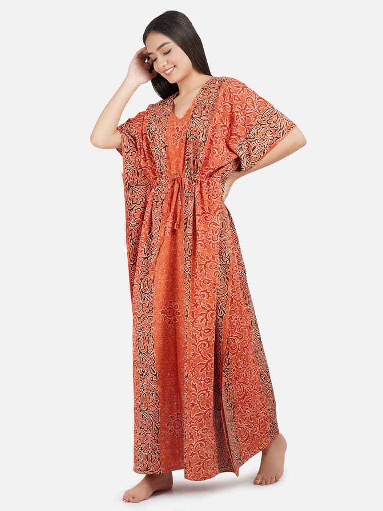 KOI SLEEPWEAR Cotton Kaftan Free Size Nighty Night Gown Sleepwear Orange view 3