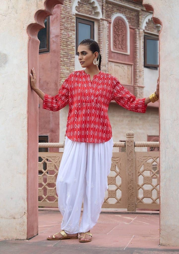 HOC Crafts Glazed Cotton Hand Block Printed with Hand Embroidery Women's Short Kurta - Red view 3