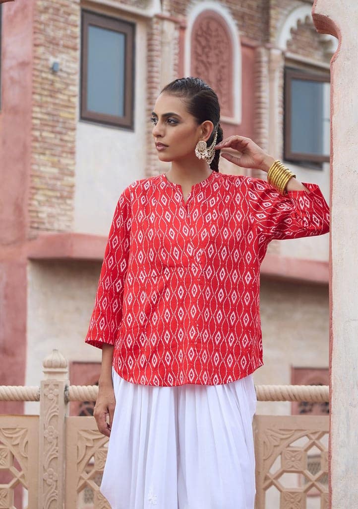 HOC Crafts Glazed Cotton Hand Block Printed with Hand Embroidery Women's Short Kurta - Red view 4