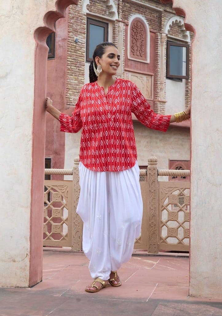 HOC Crafts Glazed Cotton Hand Block Printed with Hand Embroidery Women's Short Kurta - Red view 5