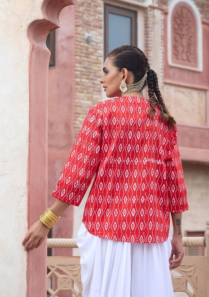 HOC Crafts Glazed Cotton Hand Block Printed with Hand Embroidery Women's Short Kurta - Red view 6