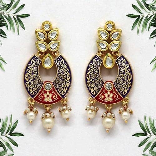STOREPEDIA Meenakari Gold Plated Kundan Earrings with White Pearl For Women/Girls Chand Bali Earrings Trendy Jewelry for Office Party Function Festival, Stylish Accessories for Women view 2