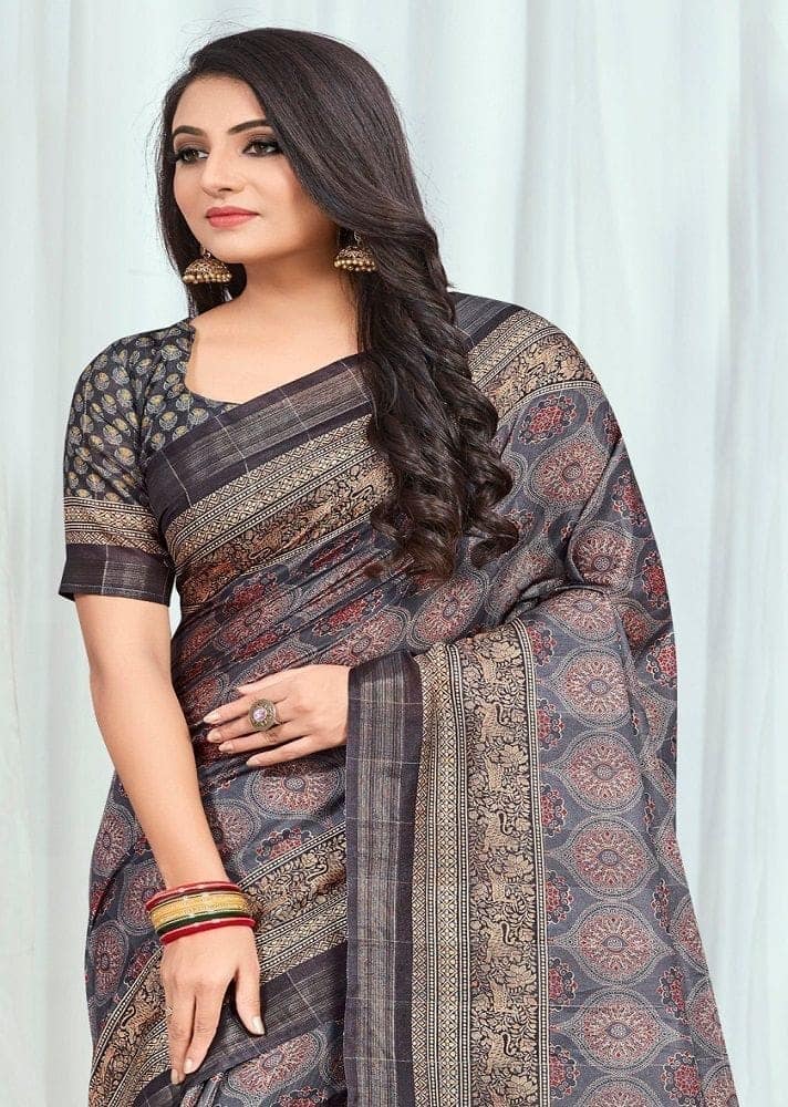Digital Printed Cotton Silk Saree in Charcoal Black view 2