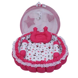 LOREM Multicolor 3 Pillow with Mosquito Protection Net & Round Shape Cotton Baby Bed for 0-1 Year BB19-21