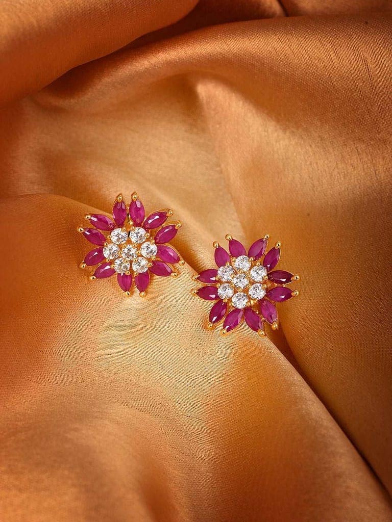 Gold Plated Contemporary Floral Stud Red and White AD Earrings view 2