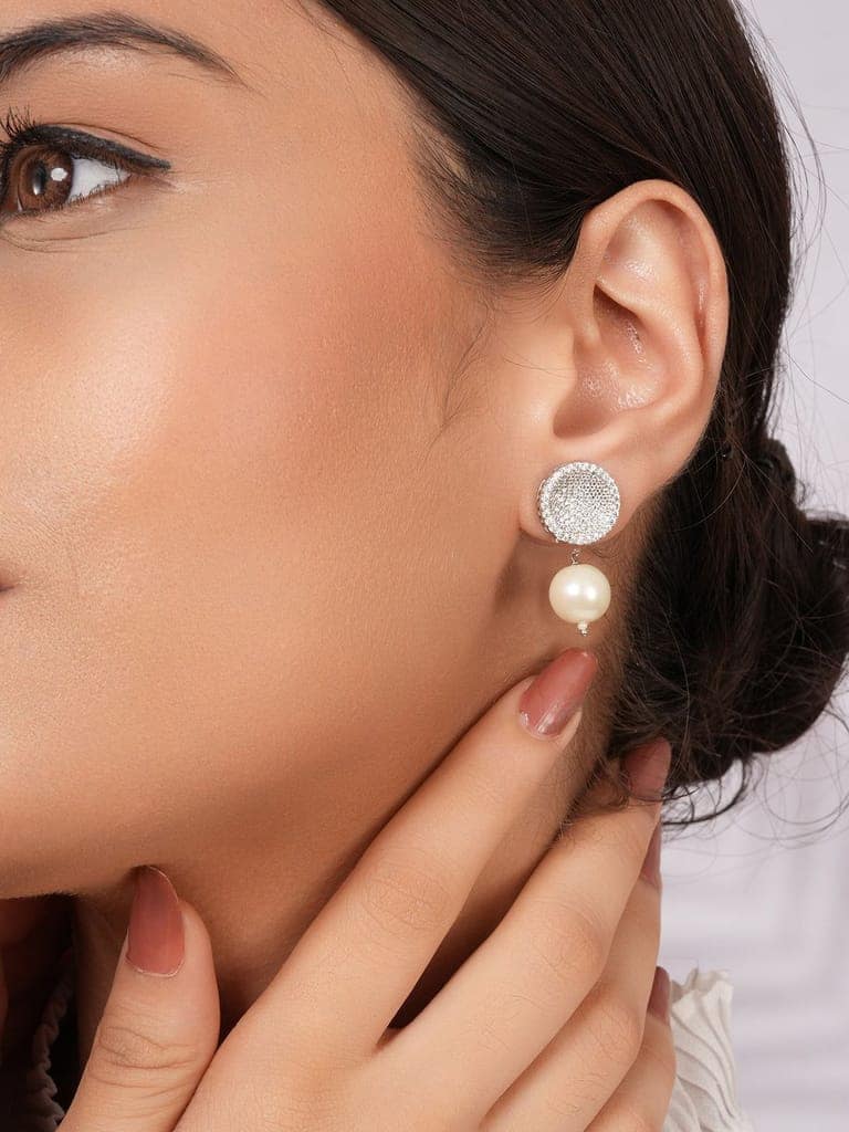 925 Sterling Silver Cubic Zirconia Circular Pearl Drop Earrings view 2