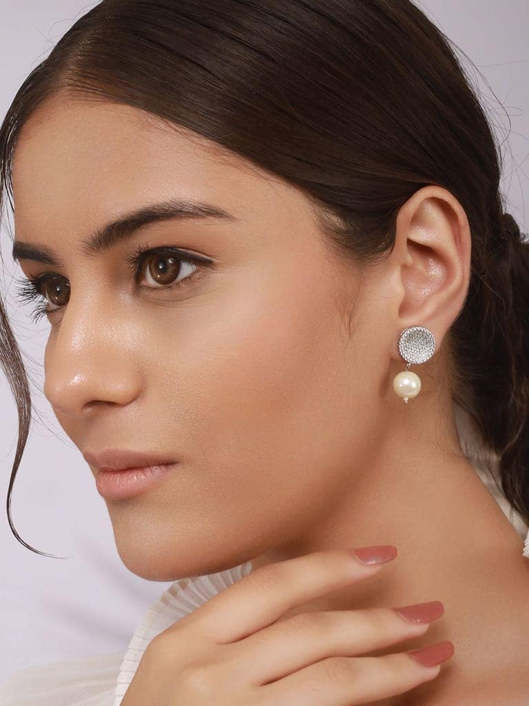 925 Sterling Silver Cubic Zirconia Circular Pearl Drop Earrings view 7