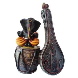 AMS Lord Ganesh Idol with Dholak and Veena Decorative Ganapati Murti for Home Decor, Office Desk, Prayer Room, Housewarming Gift Black and Gold Ganesha Figurine for Living Room, Spiritual Showpiece
