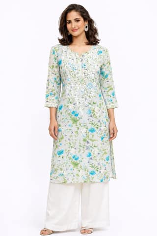 Women’s Printed Soft Cotton Chikankari Kurti with Lucknowi Hand Embroidery | 3/4 Sleeve | 46 Inch Length | Sizes 38-46
