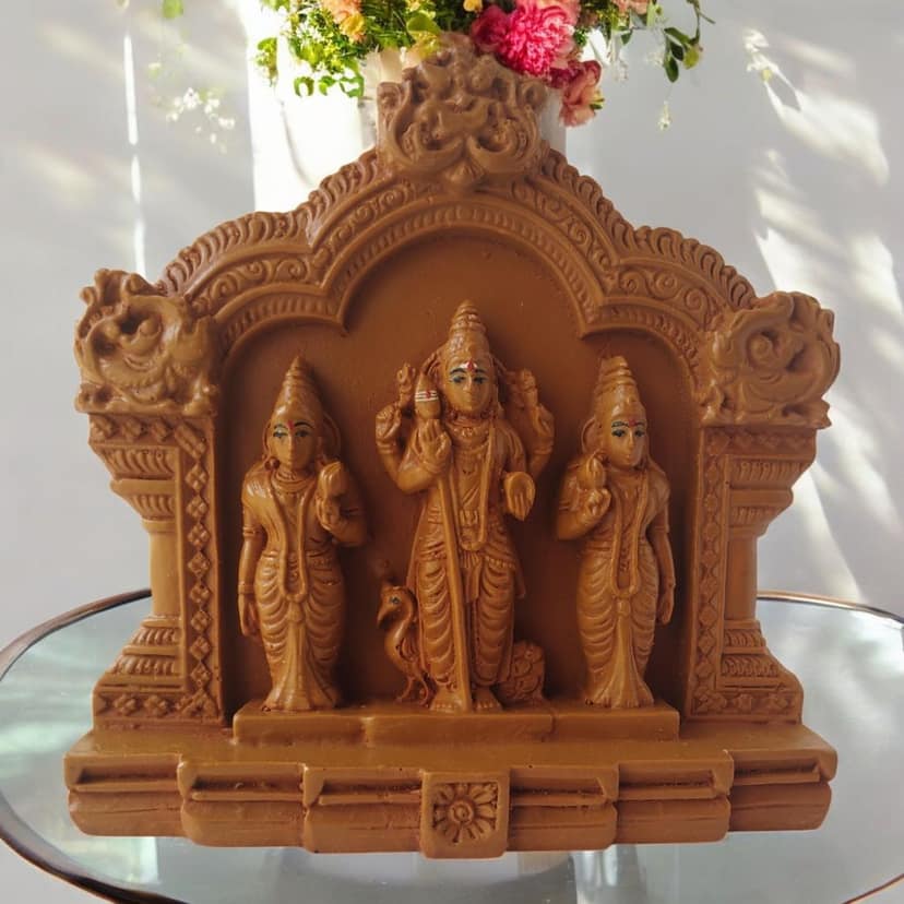 AMS Resin Thiruthani Murugan Idol with Peacock Hindu God Subramanya Swamy Statue with Wives Valli & Deivanai Spiritual Decor for Pooja Room, Home Temple & Devotional Gift 12 cm