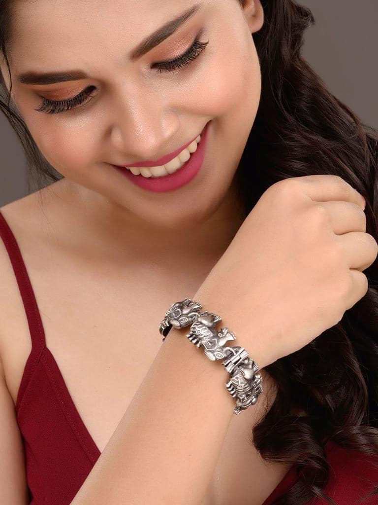 Oxidised Silver Toned Elephant Design Tribal kada Bracelet view 4
